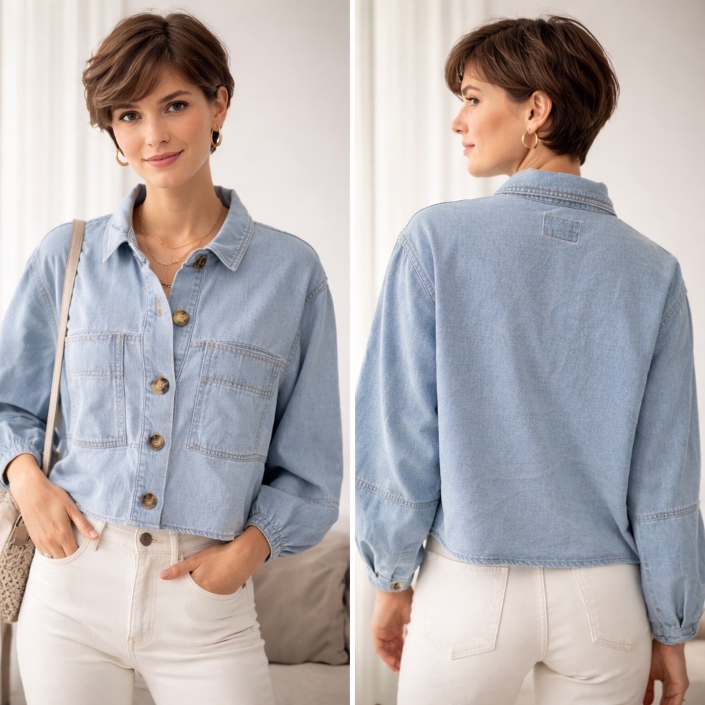 Velvet Heart‎ Denim Shirt – Light Blue Balloon Sleeve Jacket Style (Size L)